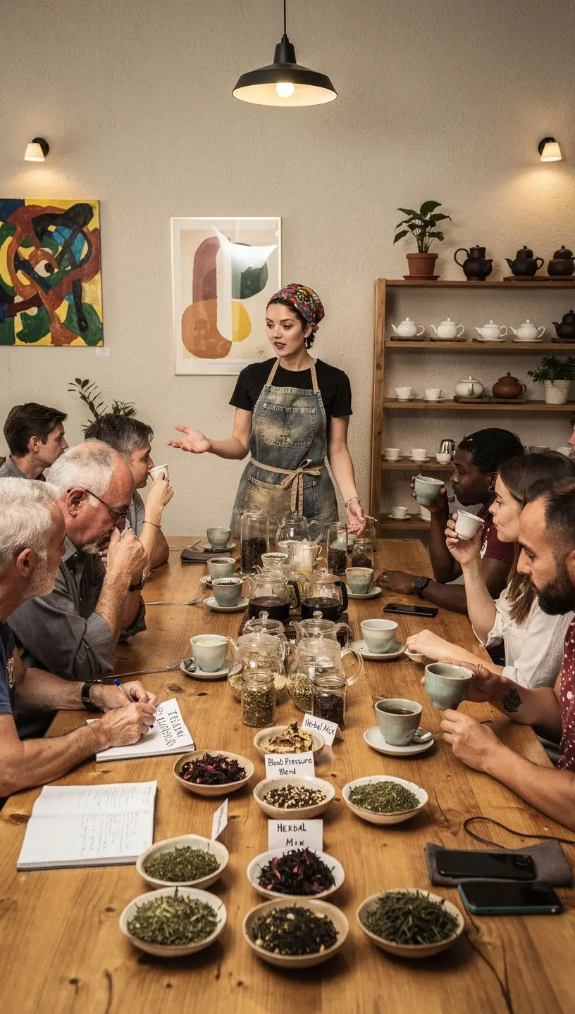 Teázó helyszín, ahol emberek relaxálnak, és a teázás jótékony hatásairól beszélgetnek.